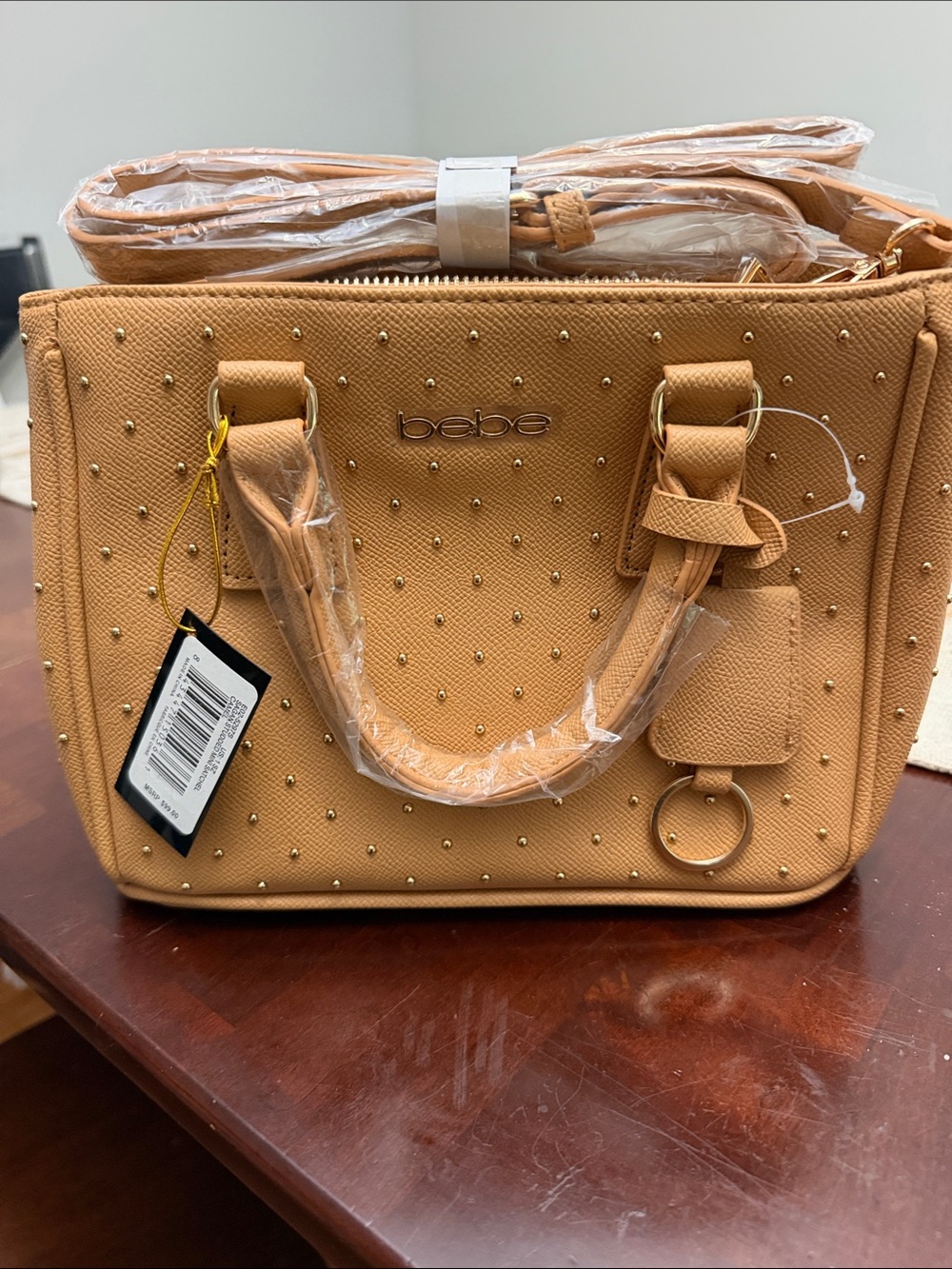 bebe Studded Tan Satchel with Gold Hardware
